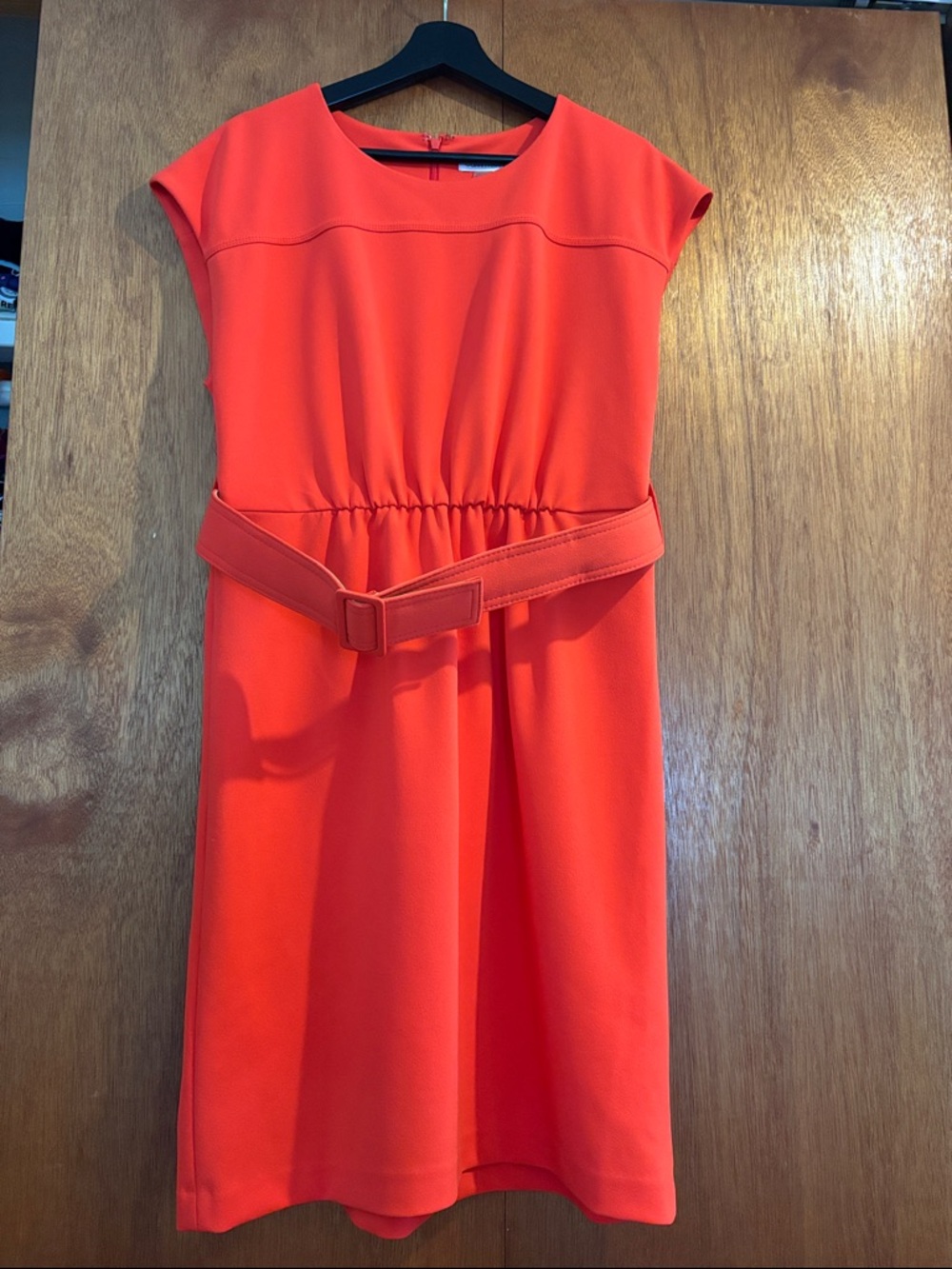 Calvin Klein Bright Orange Cap-Sleeve Midi Dress with Belt
